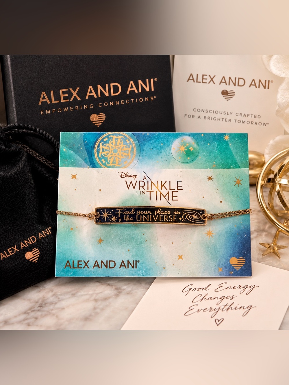 Disney x Alex and Ani "A Wrinkle in Time" Gold Pull Chain Bracelet NWT Card